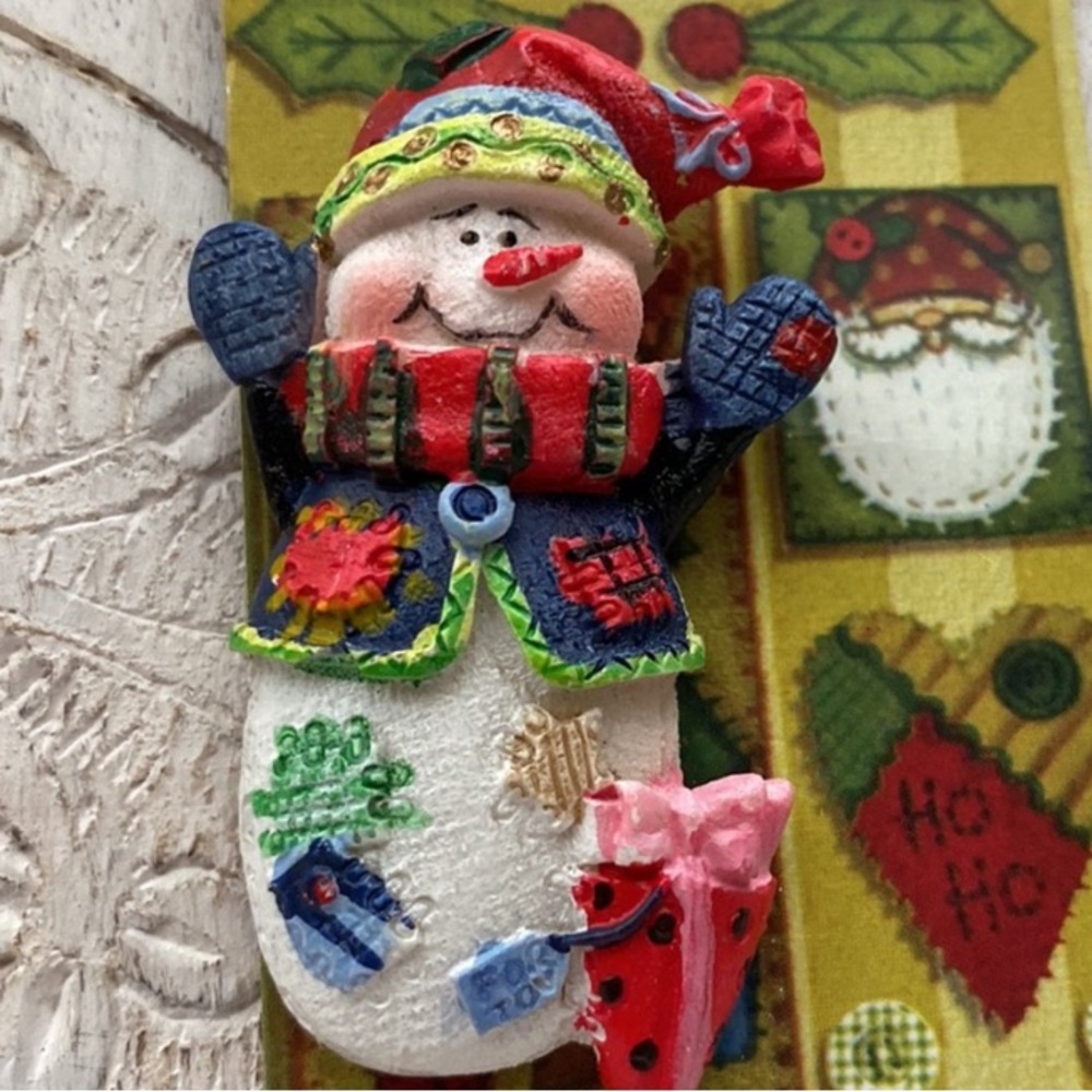 Festive Snowman Holiday Brooch handmade painted resin whimsical 3” tall New